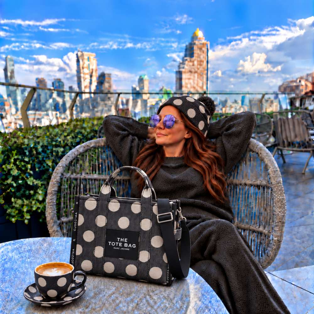 СУМКА MARC JACOBS THE SPOTS JACQUARD MEDIUM TOTE BAG BLACK/IVORY